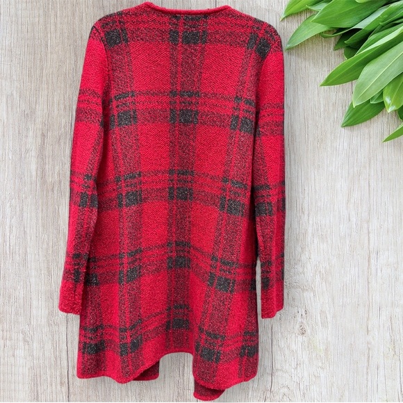 ADRIENNE VITTADINI Red Black Jacquard Coatigan Sweater Jacket With Fringe - Picture 2 of 6